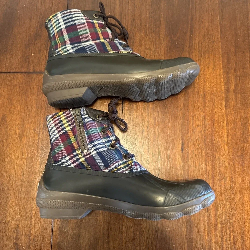 Sperry Duck Boots Womens‎ 6.5 Plaid Rubber Rain Boots Lace Up Waterproof Ankle